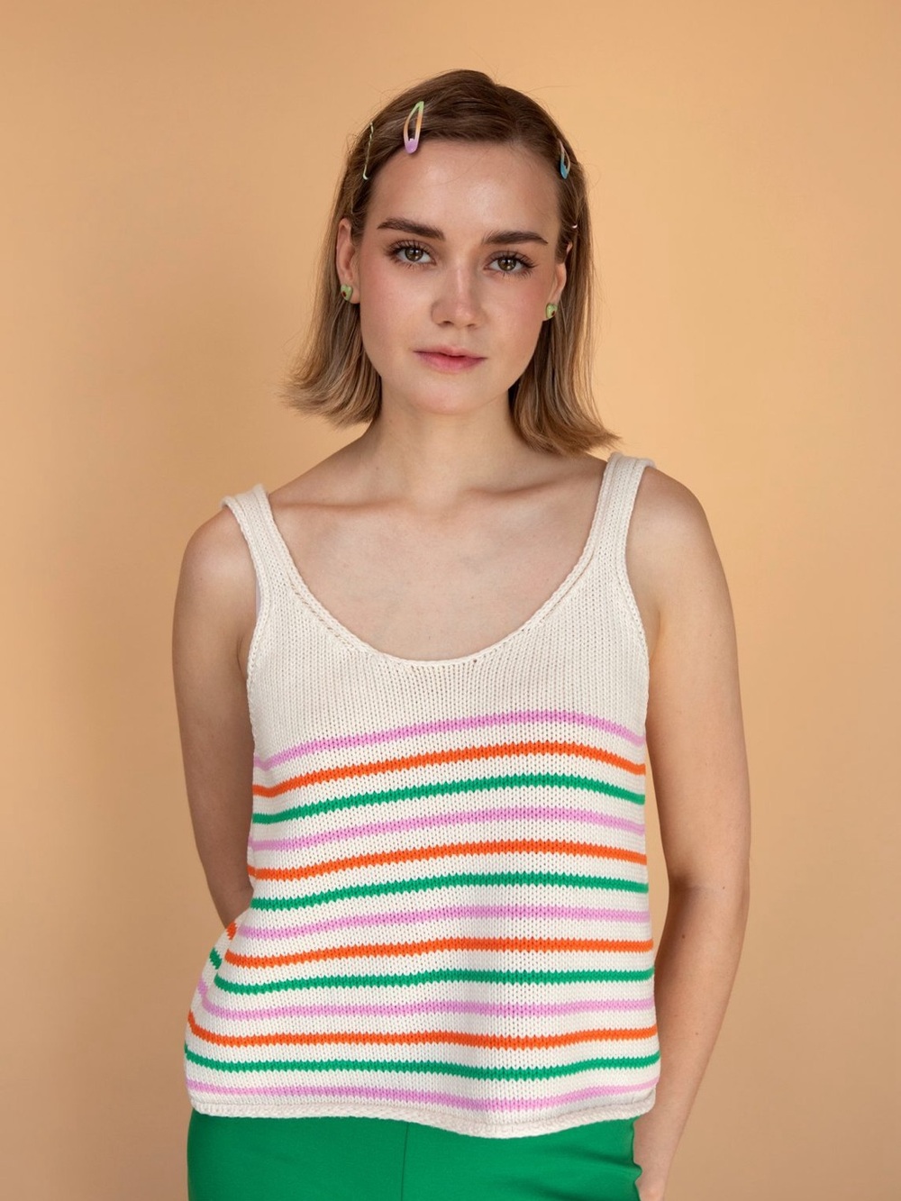 Zara Cream Knit Tank with Pink, Orange & Green Stripes